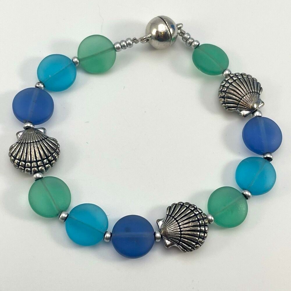 Blue Green Frosted Glass Seashell Stretch Bracelet Boho Beach Vacation Cute